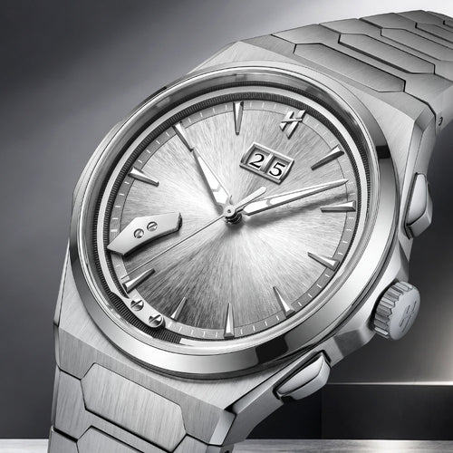 Lucky Harvey Chiming Watch 2.0 Silver — Close angled view of the radially brushed silver dial, big date window and hammer, available at IFL Watches.