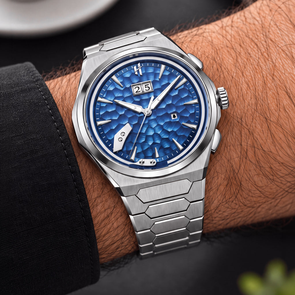 Lucky Harvey Hammered Chiming Watch 1.0 Ocean Blue — Worn on wrist at an angle, showing the crown and pushers, available at IFL Watches.