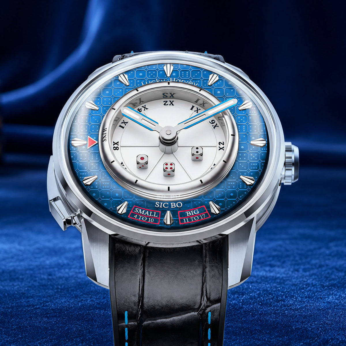 Lucky Harvey Sic Bo Blue — Front view on a blue felt casino table, available at IFL Watches.