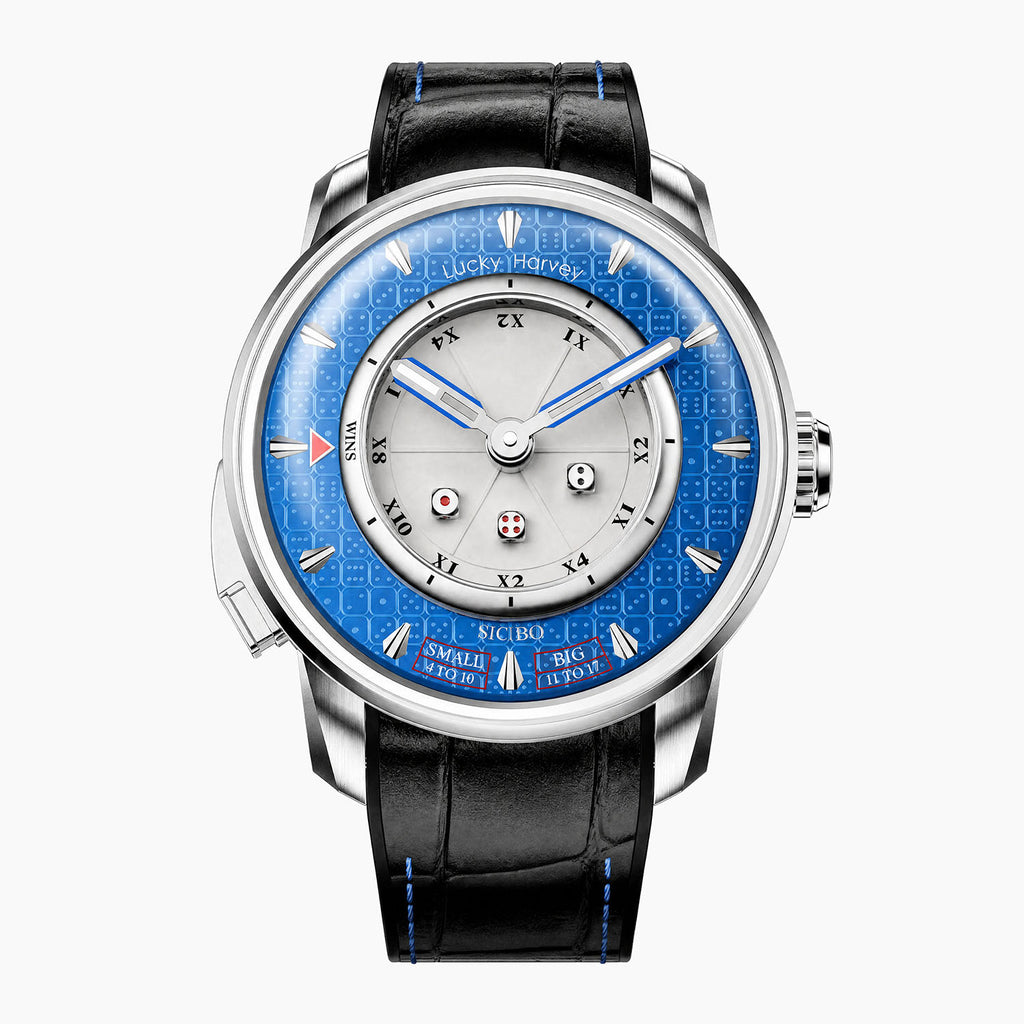 Lucky Harvey Sic Bo Blue — Front view of the blue dice dial with three silver dice, casino-chip hour scale and Big and Small zones, 43mm steel case on black leather strap, available at IFL Watches.
