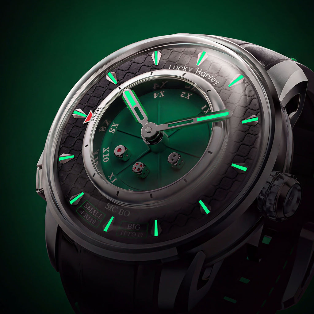 Lucky Harvey Sic Bo Green — In the dark, showing the luminous hands and hour markers, available at IFL Watches.