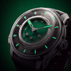 Lucky Harvey Sic Bo Green — In the dark, showing the luminous hands and hour markers, available at IFL Watches.