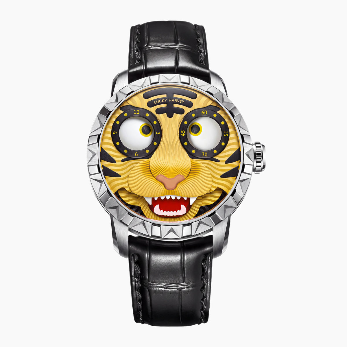 Lucky Harvey Tiger Gold — Front view of the yellow tiger face, its eyes showing the hours and minutes, 40mm steel case with spiked bezel on black leather strap, available at IFL Watches.