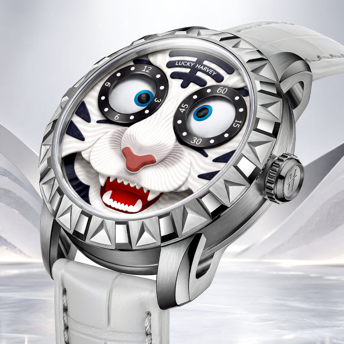 Lucky Harvey Tiger White — Close angled view of the sculpted tiger face, open mouth and spiked bezel, available at IFL Watches.