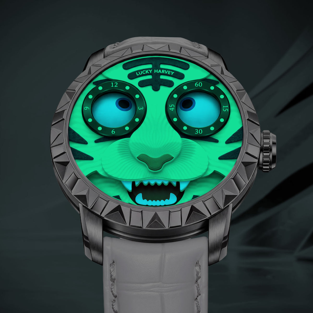 Lucky Harvey Tiger White — In the dark, showing the luminous eyes and teeth, available at IFL Watches.