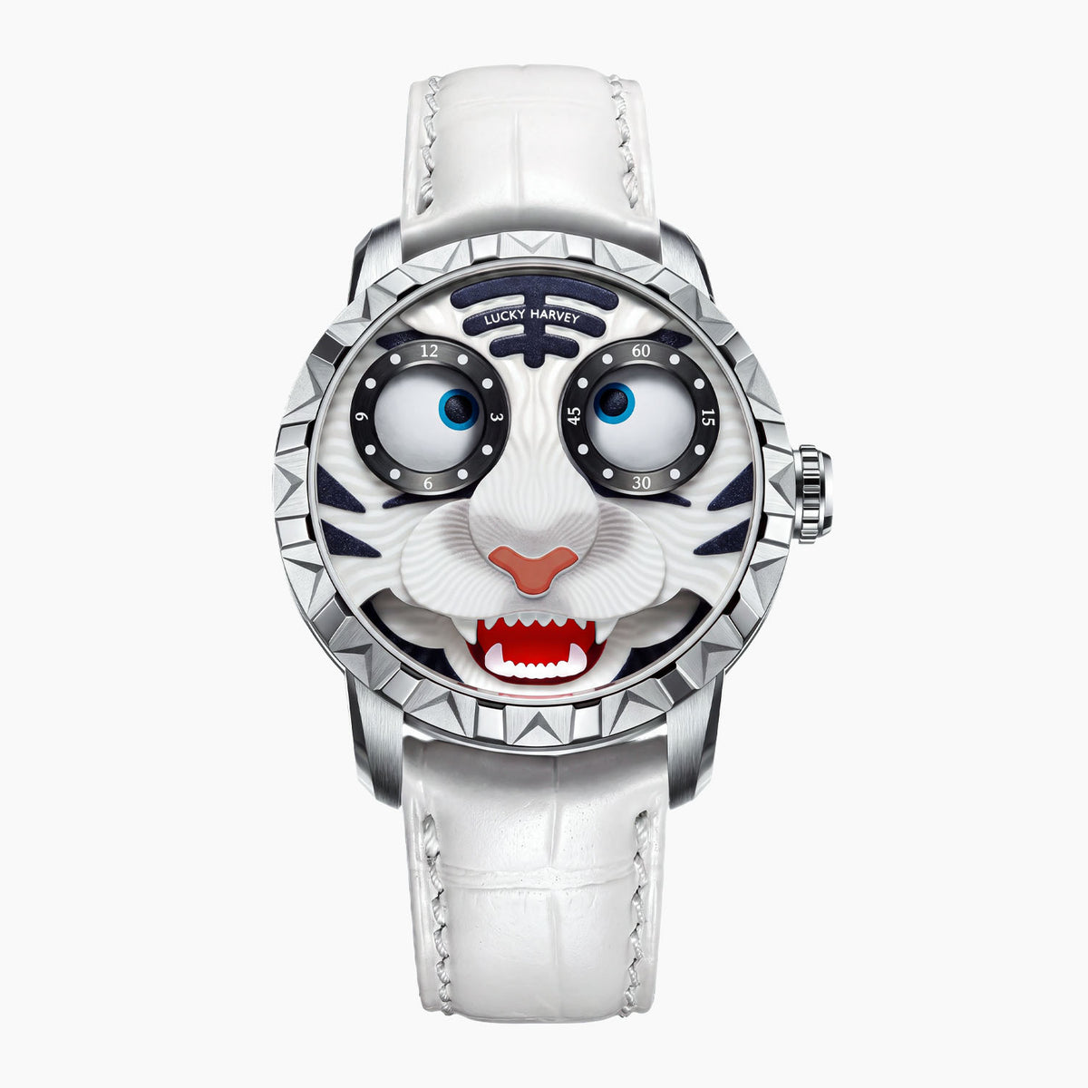 Lucky Harvey Tiger White — Front view of the white tiger face, its eyes showing the hours and minutes, 40mm steel case with spiked bezel on white leather strap, available at IFL Watches.