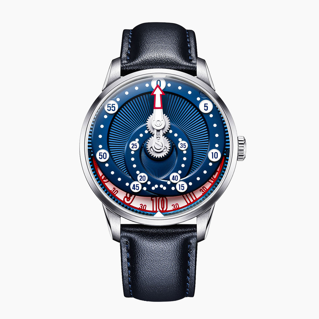Mandetbrote Orbital Blue Kiss — Front view of the blue dial with geared minute arm, looping minute track and hour window at six, 41.2mm steel case on navy leather strap, available at IFL Watches.