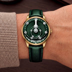 Mandetbrote Orbital Bronze Crush — Worn on wrist with a beige cuff, showing the minute arm and hour disc, available at IFL Watches.