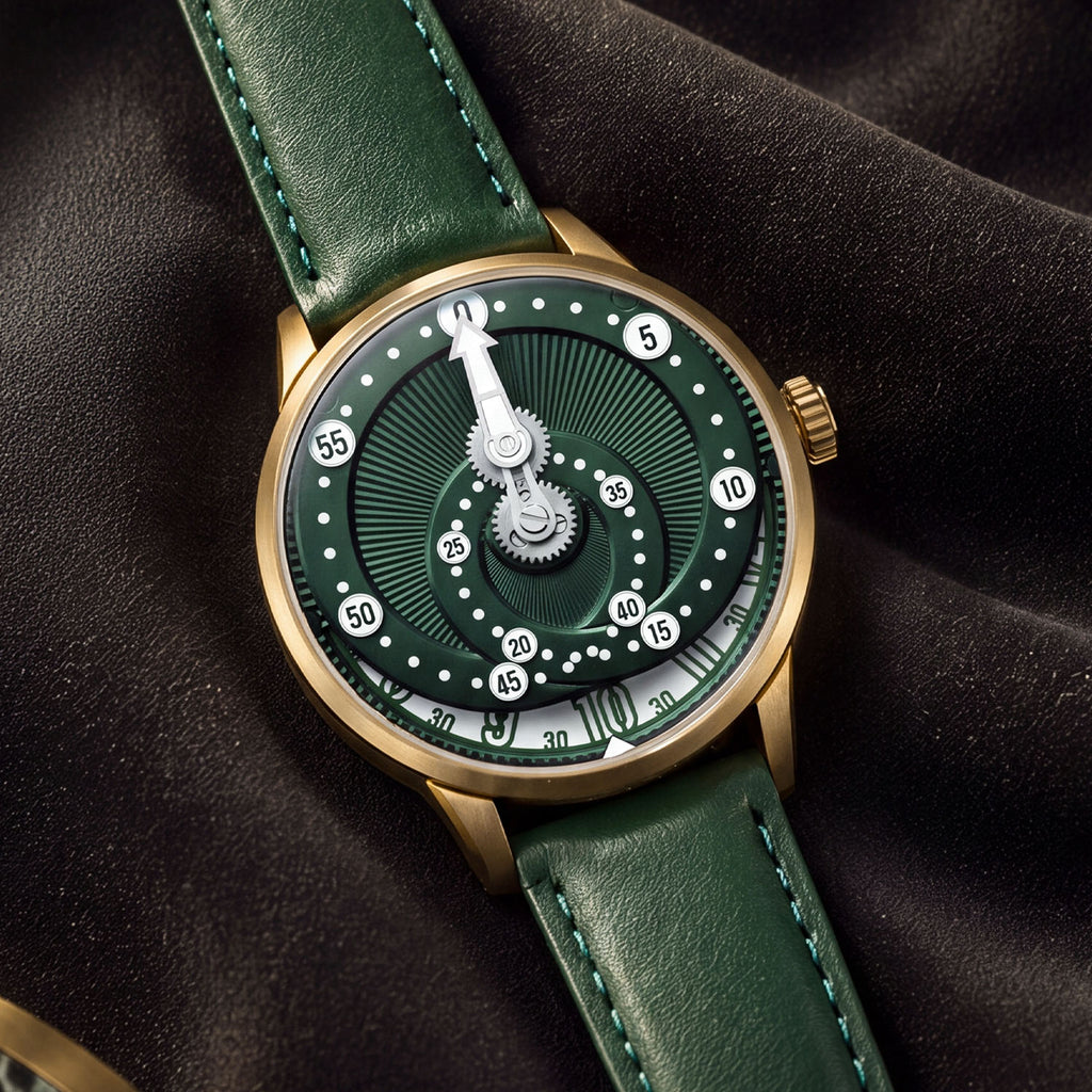 Mandetbrote Orbital Bronze Crush — Resting on dark fabric, showing the bronze case and crown, available at IFL Watches.
