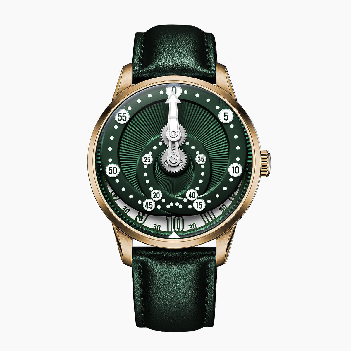 Mandetbrote Orbital Bronze Crush — Front view of the green dial with geared minute arm, looping minute track and hour window at six, 41.2mm bronze case on green leather strap, available at IFL Watches.