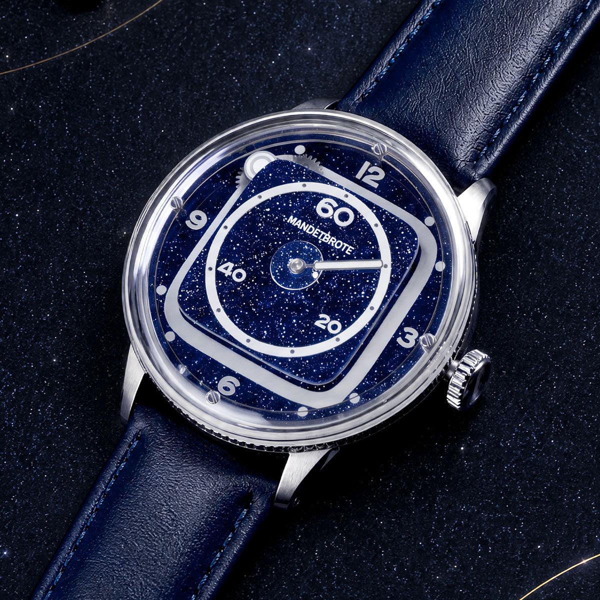 Mandetbrote Orbital II Blue — Resting on a dark starry backdrop, seen in three-quarter view, available at IFL Watches.