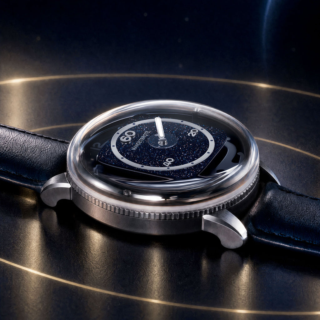 Mandetbrote Orbital II Blue — Low side view on a gold-ringed surface, showing the case profile and coin-edge caseback, available at IFL Watches.