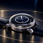 Mandetbrote Orbital II Blue — Low side view on a gold-ringed surface, showing the case profile and coin-edge caseback, available at IFL Watches.