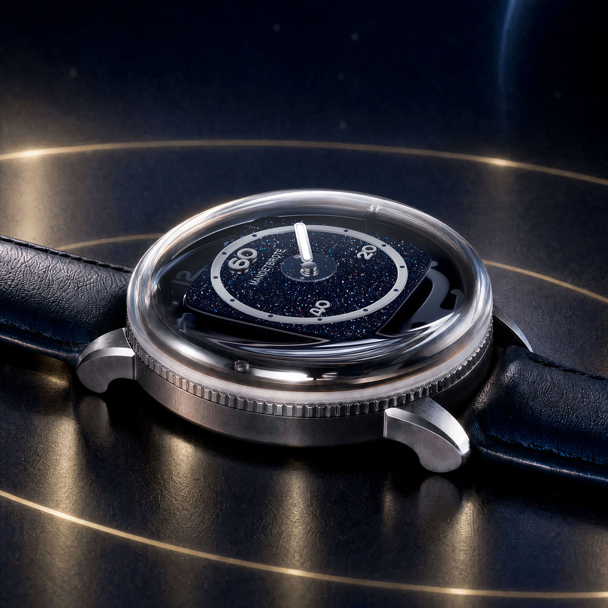 Mandetbrote Orbital II Blue — Low side view on a gold-ringed surface, showing the case profile and coin-edge caseback, available at IFL Watches.