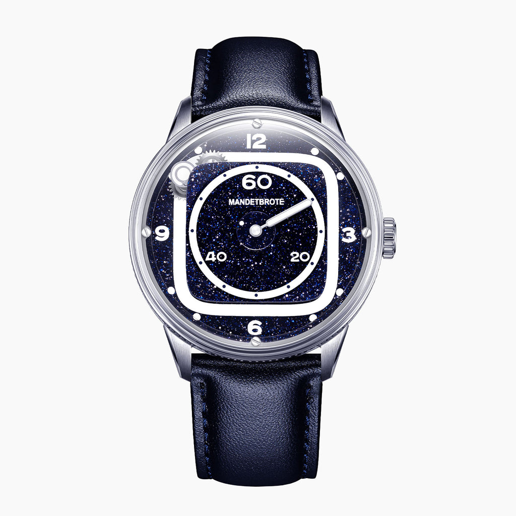 Mandetbrote Orbital II Blue — Front view of the blue aventurine glass dial with cushion-shaped hour rail, geared satellite and central minute hand, 40mm steel case on blue leather strap, available at IFL Watches.