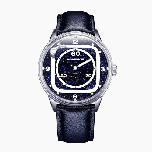 Mandetbrote Orbital II Blue — Front view of the blue aventurine glass dial with cushion-shaped hour rail, geared satellite and central minute hand, 40mm steel case on blue leather strap, available at IFL Watches.