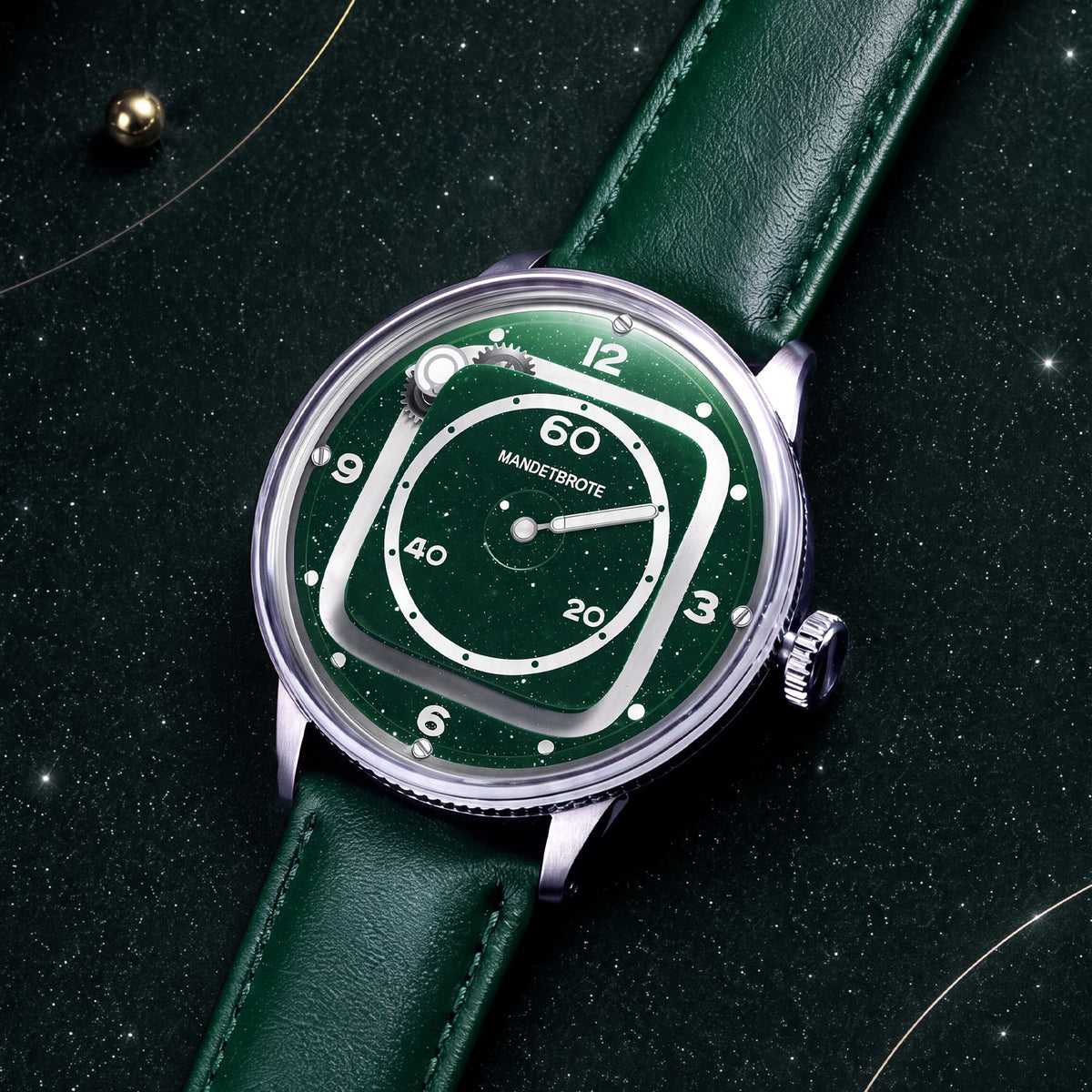 Mandetbrote Orbital II Green — Resting on a dark starry backdrop, seen in three-quarter view, available at IFL Watches.
