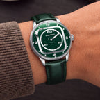 Mandetbrote Orbital II Green — Worn on wrist at an angle, showing the aventurine sparkle, available at IFL Watches.