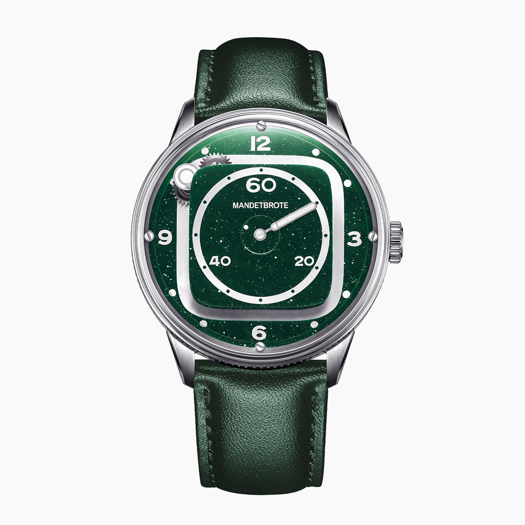 Mandetbrote Orbital II Green — Front view of the green aventurine glass dial with cushion-shaped hour rail, geared satellite and central minute hand, 40mm steel case on green leather strap, available at IFL Watches.