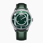 Mandetbrote Orbital II Green — Front view of the green aventurine glass dial with cushion-shaped hour rail, geared satellite and central minute hand, 40mm steel case on green leather strap, available at IFL Watches.