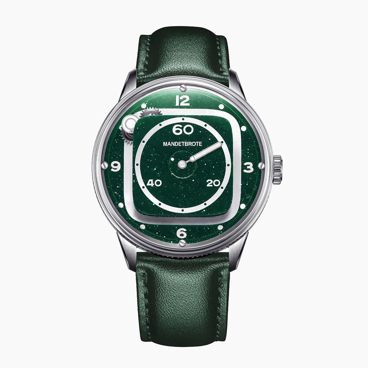Mandetbrote Orbital II Green — Front view of the green aventurine glass dial with cushion-shaped hour rail, geared satellite and central minute hand, 40mm steel case on green leather strap, available at IFL Watches.