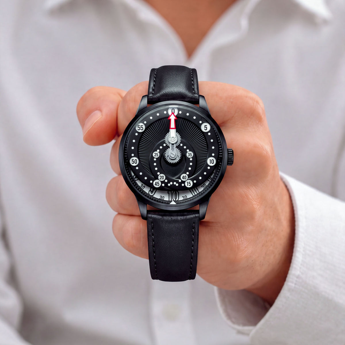 Mandetbrote Orbital Midnight Black — Held in hand against a white shirt, showing the folding minute arm, available at IFL Watches.