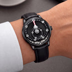 Mandetbrote Orbital Midnight Black — Worn on wrist at an angle, showing the dial and crown, available at IFL Watches.