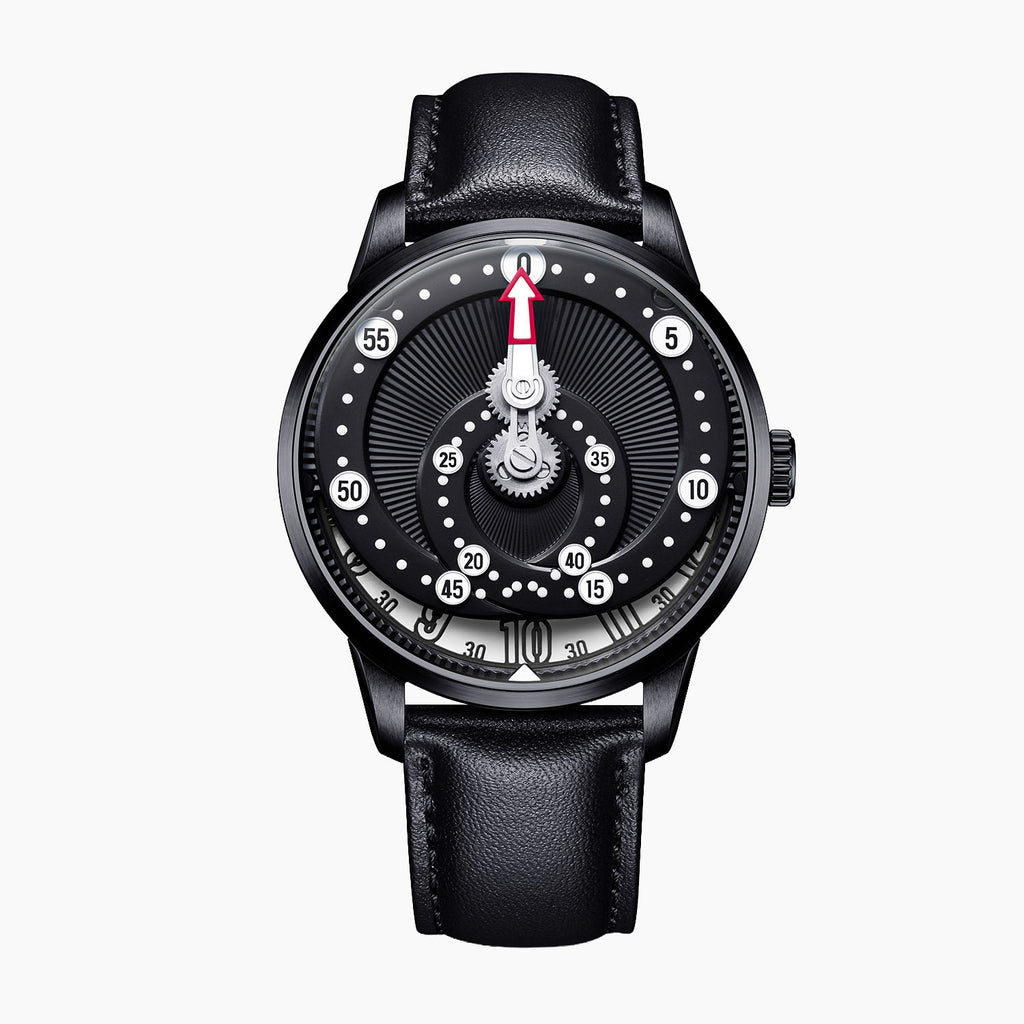 Mandetbrote Orbital Midnight Black — Front view of the black dial with geared minute arm, looping minute track and hour window at six, 41.2mm black DLC steel case on black leather strap, available at IFL Watches.