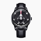 Mandetbrote Orbital Midnight Black — Front view of the black dial with geared minute arm, looping minute track and hour window at six, 41.2mm black DLC steel case on black leather strap, available at IFL Watches.