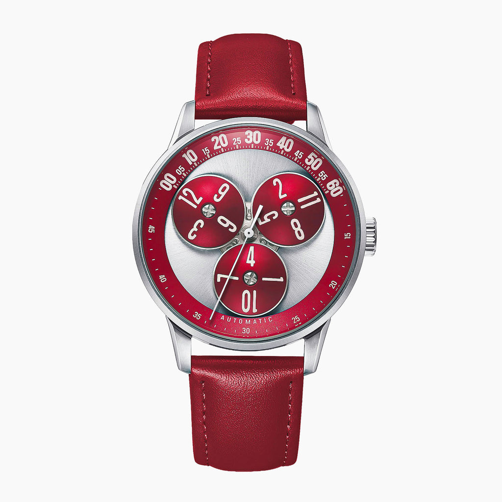 Mandetbrote Wandering Hour Burgundy — Front view of the burgundy and silver dial with three rotating hour discs and arched minute track, 41.2mm steel case on burgundy leather strap, available at IFL Watches.