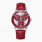 Mandetbrote Wandering Hour Burgundy — Front view of the burgundy and silver dial with three rotating hour discs and arched minute track, 41.2mm steel case on burgundy leather strap, available at IFL Watches.