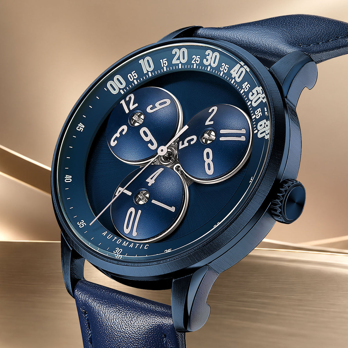 Mandetbrote Wandering Hour Dark Blue — Close three-quarter view of the hour discs travelling along the minute arc, available at IFL Watches.