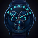 Mandetbrote Wandering Hour Dark Blue — In the dark, with the hour numerals and minute track glowing, available at IFL Watches.