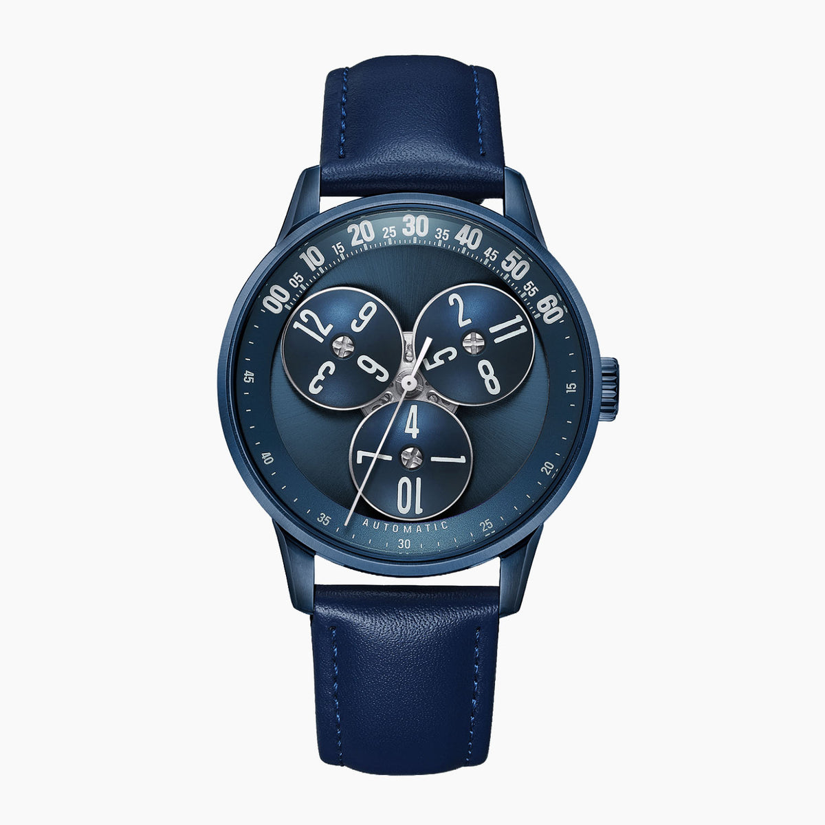 Mandetbrote Wandering Hour Dark Blue — Front view of the dark blue dial with three rotating hour discs and arched minute track, 41.2mm blue case on blue leather strap, available at IFL Watches.