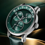 Mandetbrote Wandering Hour Green — Close three-quarter view of the hour discs travelling along the minute arc, available at IFL Watches.
