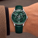 Mandetbrote Wandering Hour Green — Worn on wrist with a camel sleeve, showing the wandering hour display, available at IFL Watches.
