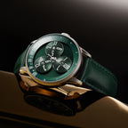Mandetbrote Wandering Hour Green — Angled on a reflective surface, showing the case and crown, available at IFL Watches.