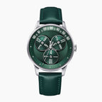 Mandetbrote Wandering Hour Green — Front view of the green sunray dial with three rotating hour discs and arched minute track, 41.2mm steel case on green leather strap, available at IFL Watches.