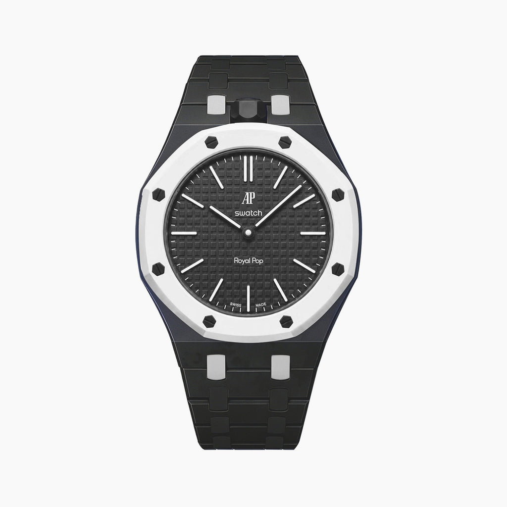 Ocho Negro Swatch × AP Royal Pop Ceramic Case-Strap — stealth black kit with the Royal Pop head seated in the case, by IFL Watches