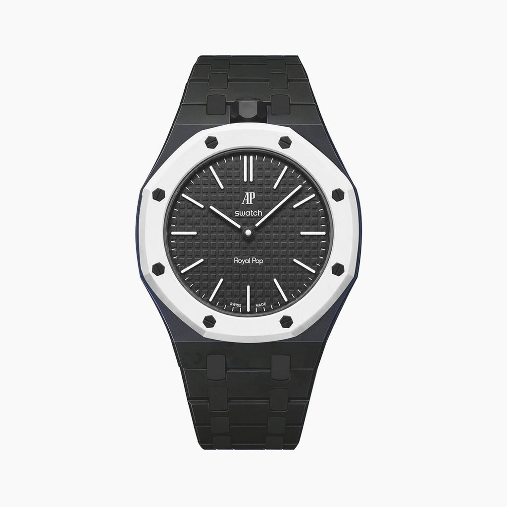 Ocho Negro Swatch × AP Royal Pop Ceramic Case-Strap — stealth black kit with the Royal Pop head seated in the case, by IFL Watches