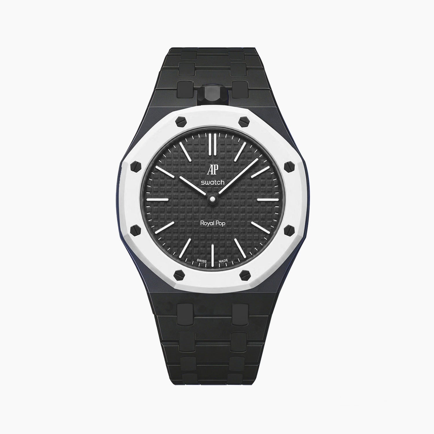 Ocho Negro Swatch × AP Royal Pop Ceramic Case-Strap — stealth black kit with the Royal Pop head seated in the case, by IFL Watches