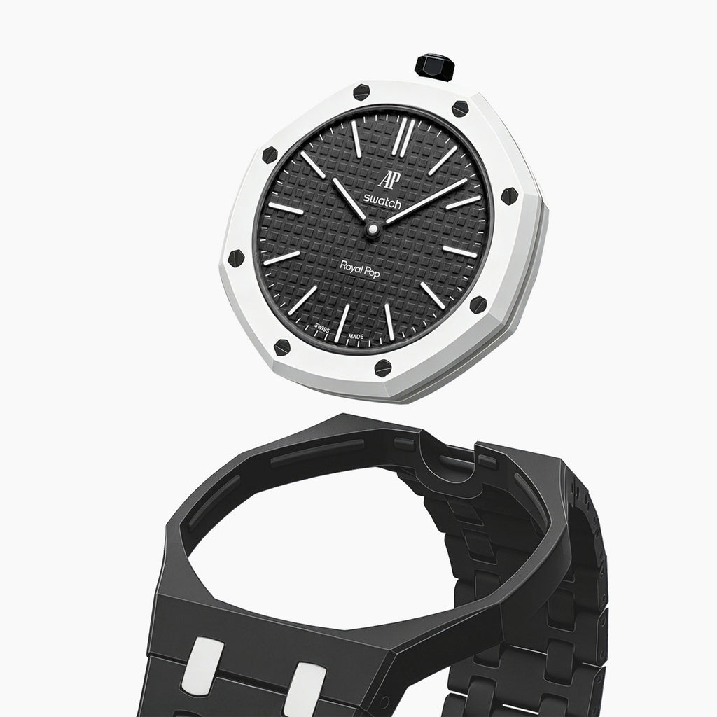 Ocho Negro Swatch × AP Royal Pop Ceramic Case-Strap — case and strap shown separately above the Royal Pop, by IFL Watches