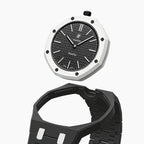 Ocho Negro Swatch × AP Royal Pop Ceramic Case-Strap — case and strap shown separately above the Royal Pop, by IFL Watches
