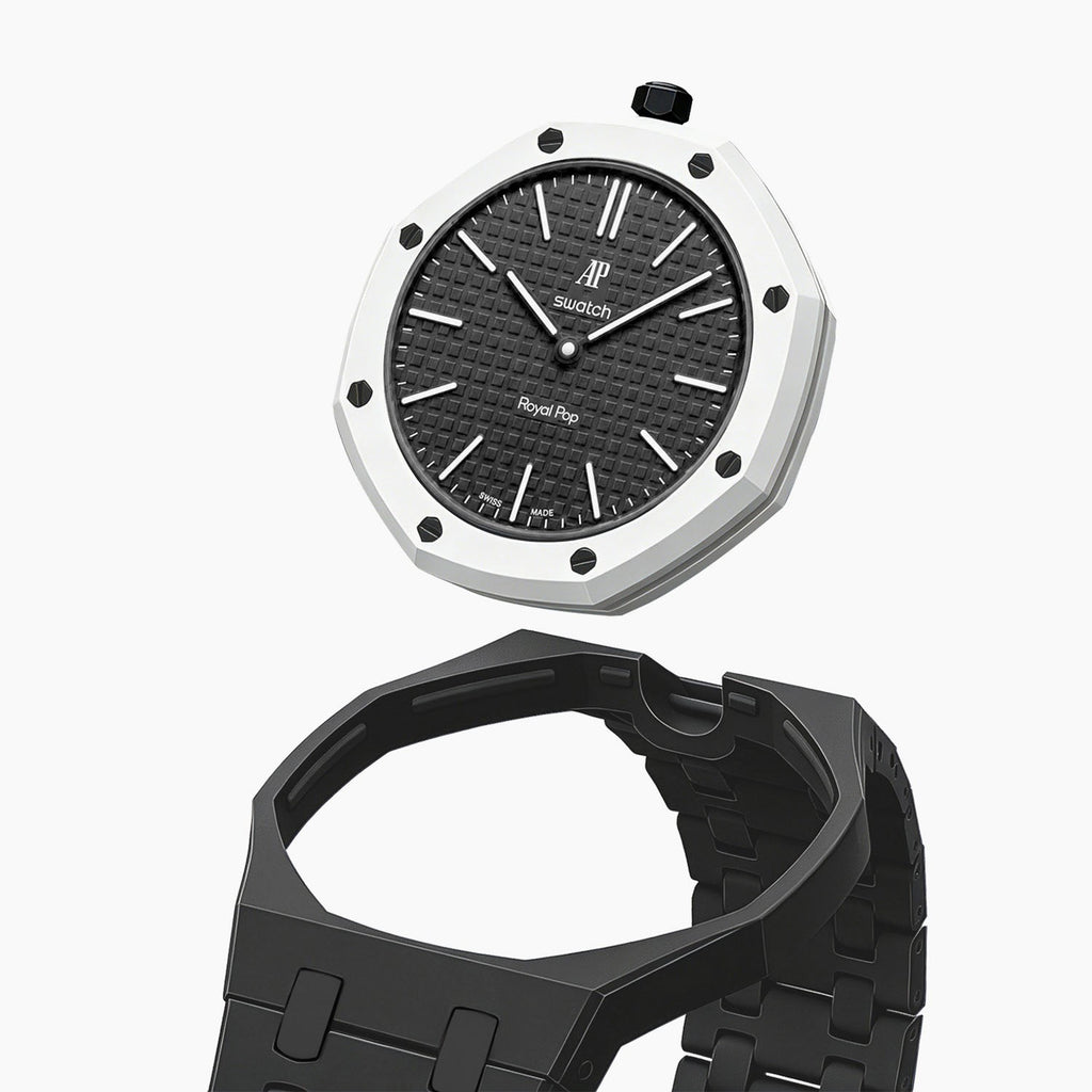 Ocho Negro Swatch × AP Royal Pop Ceramic Case-Strap — case and strap shown separately above the Royal Pop, by IFL Watches