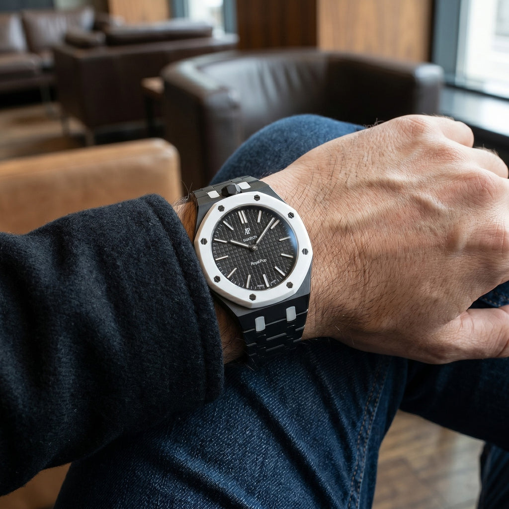 Ocho Negro Swatch × AP Royal Pop Ceramic Case-Strap — worn in a lounge scene, by IFL Watches