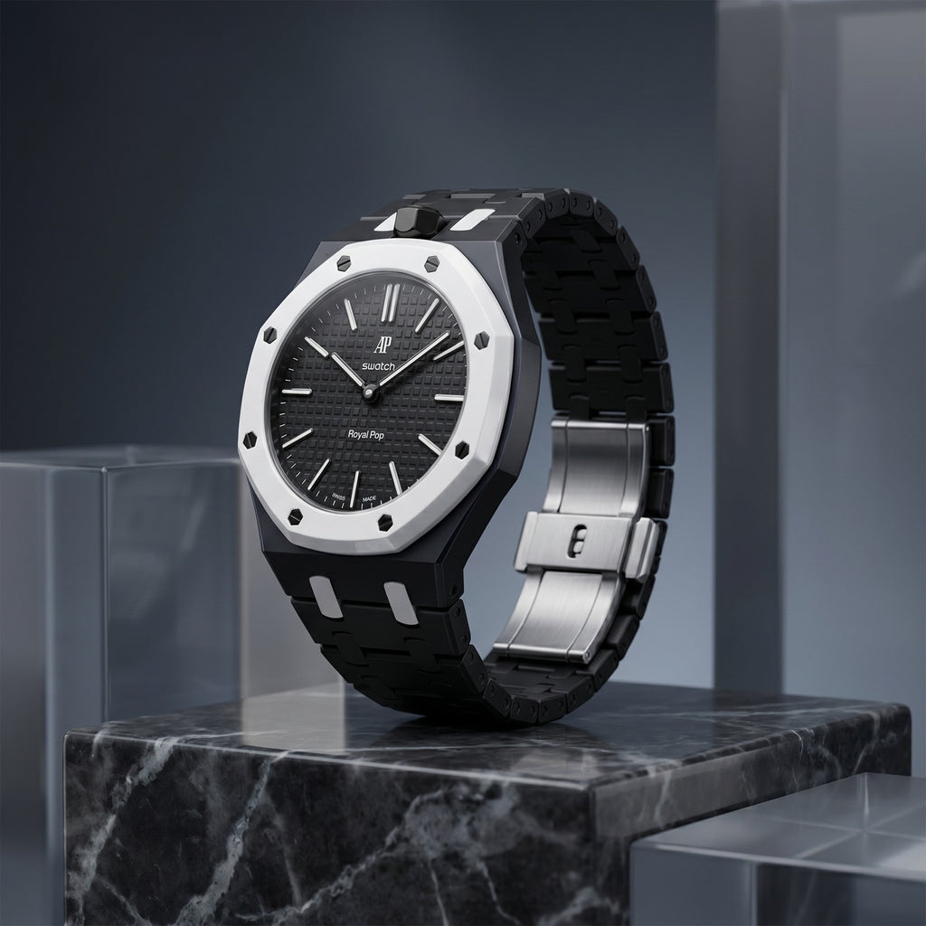 Ocho Negro Swatch × AP Royal Pop Ceramic Case-Strap — worn in a marble scene, by IFL Watches