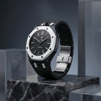 Ocho Negro Swatch × AP Royal Pop Ceramic Case-Strap — worn in a marble scene, by IFL Watches