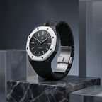 Ocho Negro Swatch × AP Royal Pop Ceramic Case-Strap — worn in a marble scene, by IFL Watches