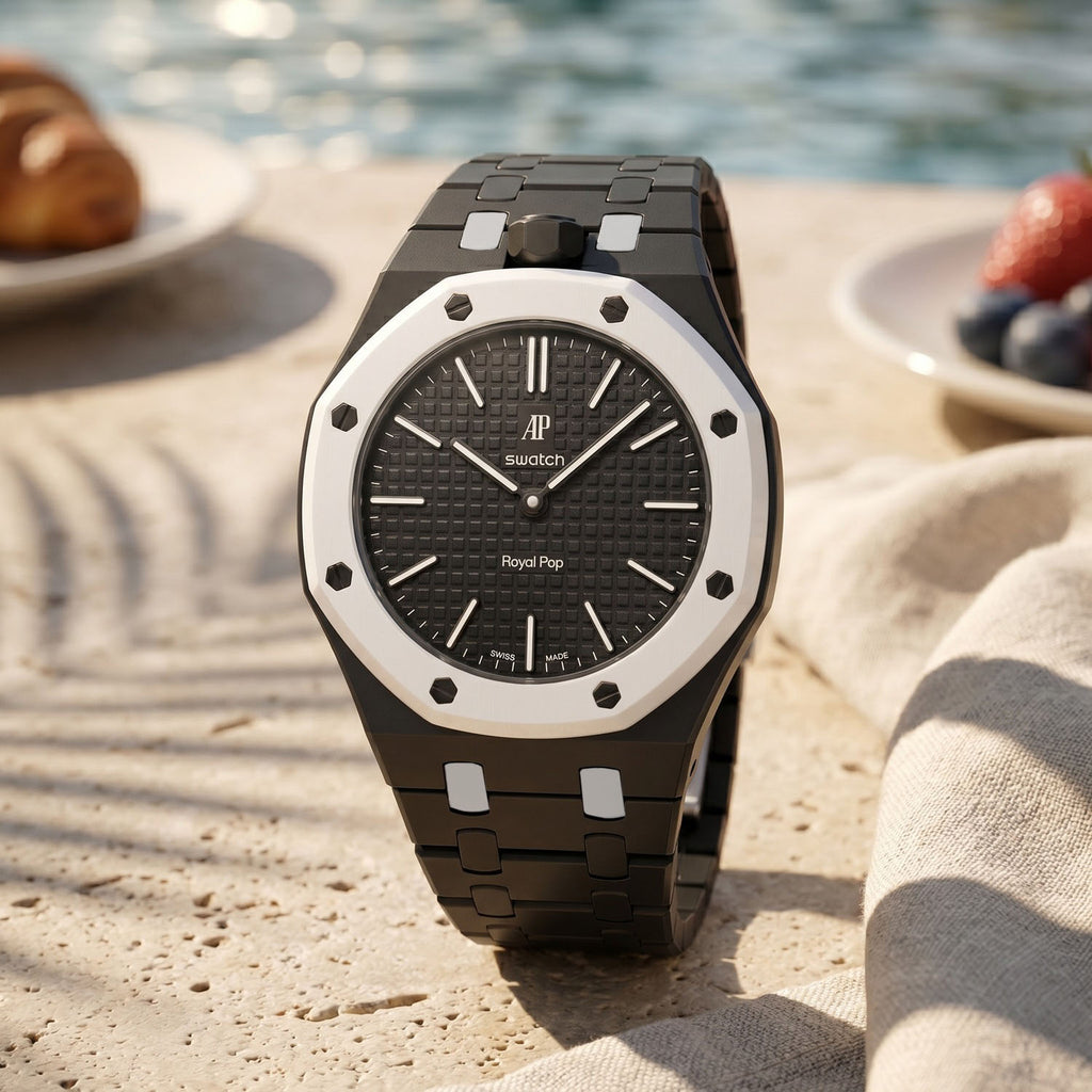 Ocho Negro Swatch × AP Royal Pop Ceramic Case-Strap — worn in a poolside scene, by IFL Watches