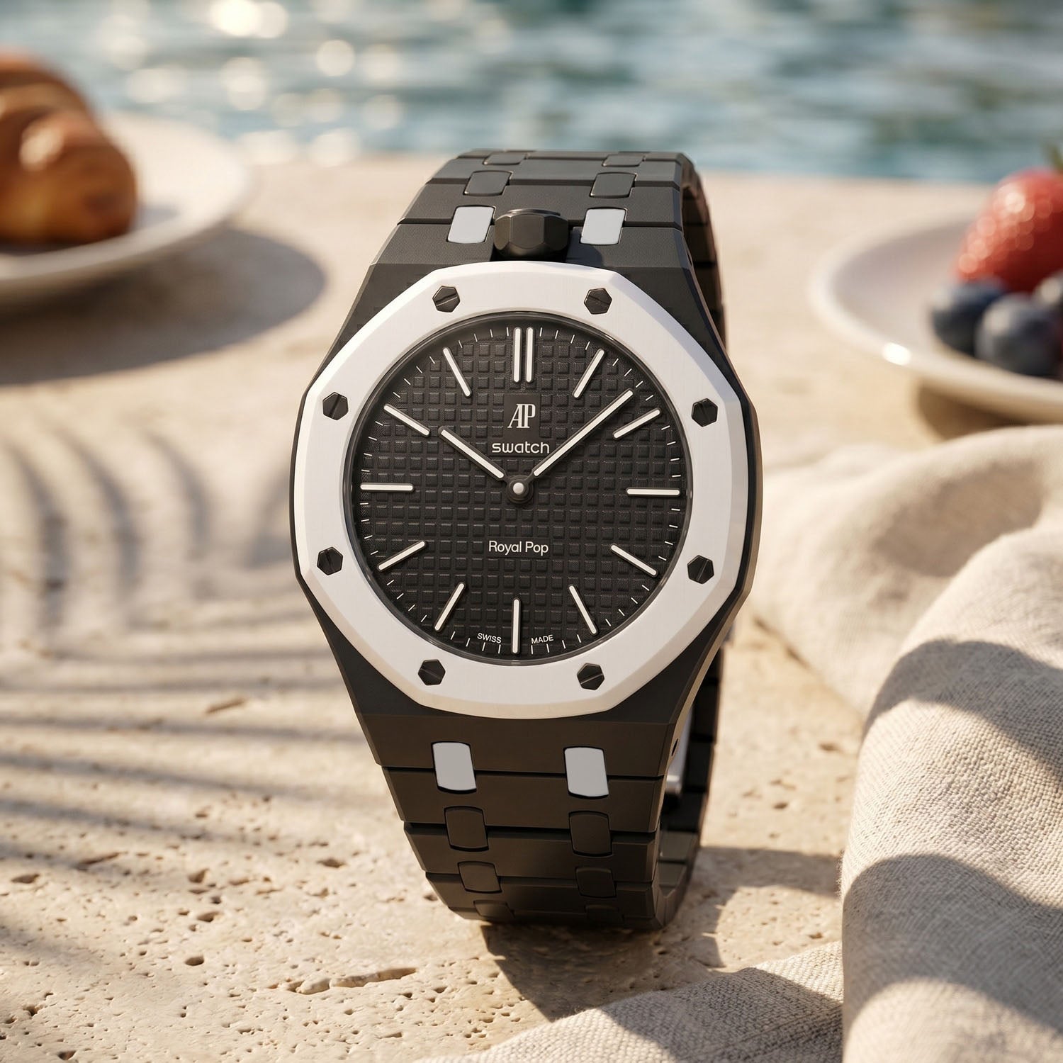 Ocho Negro Swatch × AP Royal Pop Ceramic Case-Strap — worn in a poolside scene, by IFL Watches